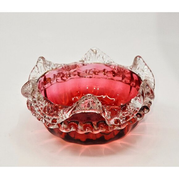 Victorian era hand blown optic Cranberry bowl with clear rigaree trim. - Picture 5 of 5